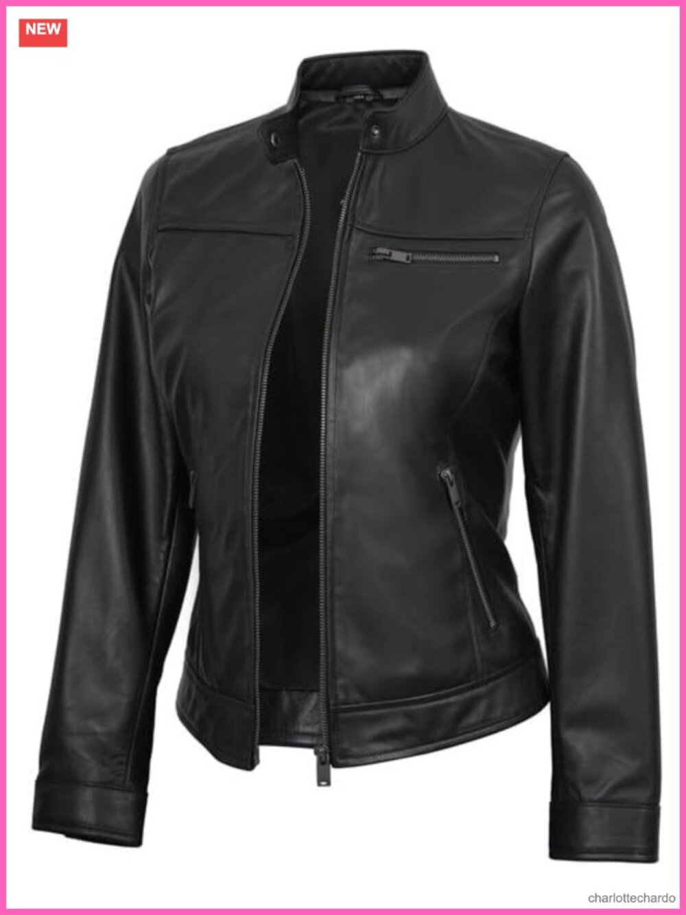 100% Real Lambskin Leather Cafe Racer Moto Biker Jacket Women